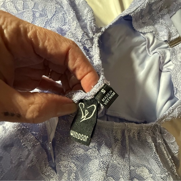 Windsor Periwinkle Cutout Back Lace Glitter Skater Dress - Picture 13 of 14